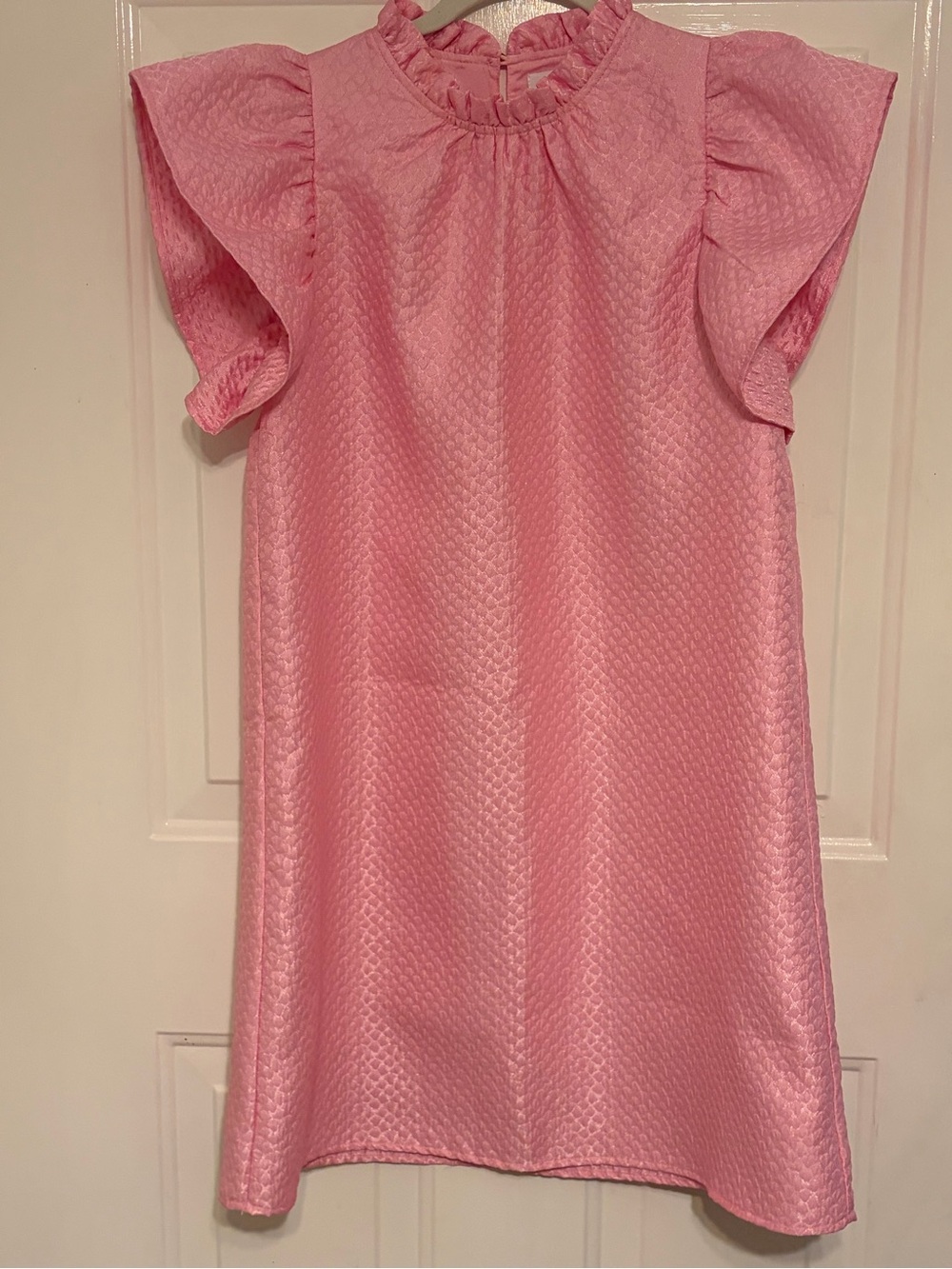 THML Pristine Pink Ruffle-Neck Flutter-Sleeve Mini Shift Dress Jacquard Fabric S